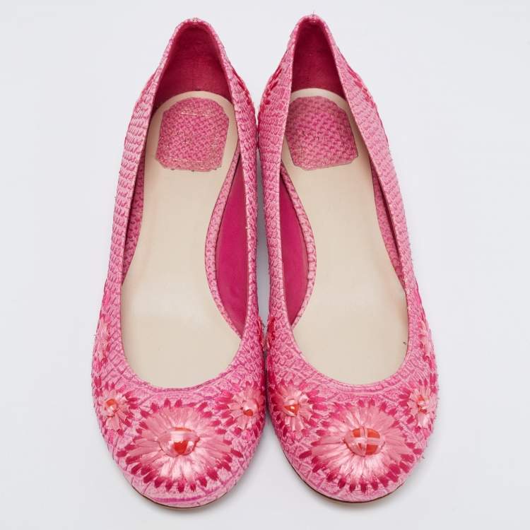 Pre Owned Dior Pink Python Leather Floral Raffia Ballet Flats Size 40.5