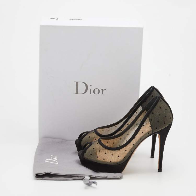 Pre Owned Dior Black Suede And Dotted Mesh Doll Peep Toe Platform Pumps Size 37
