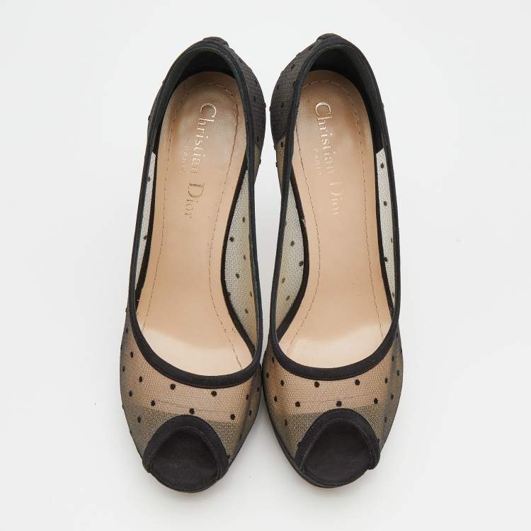 Pre Owned Dior Black Suede And Dotted Mesh Doll Peep Toe Platform Pumps Size 37