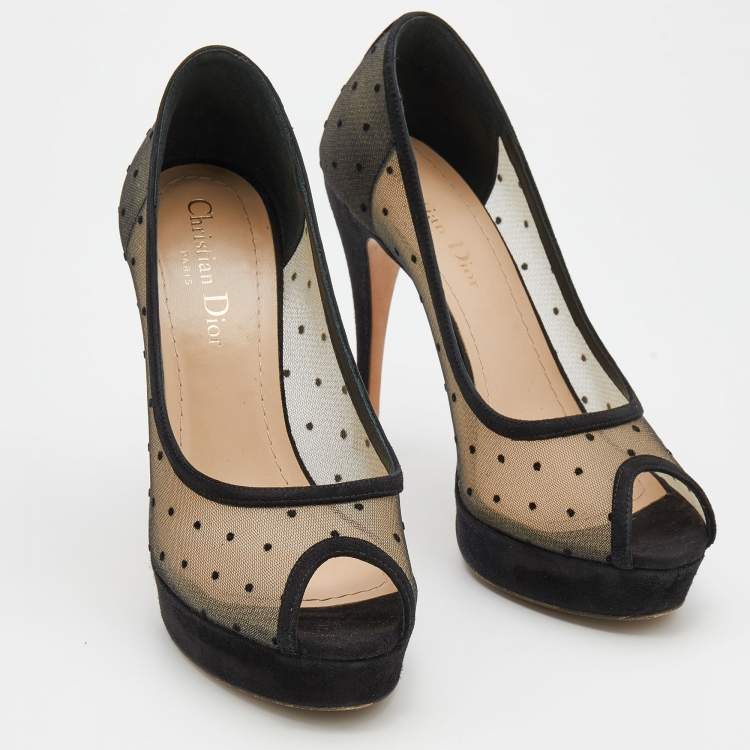 Pre Owned Dior Black Suede And Dotted Mesh Doll Peep Toe Platform Pumps Size 37