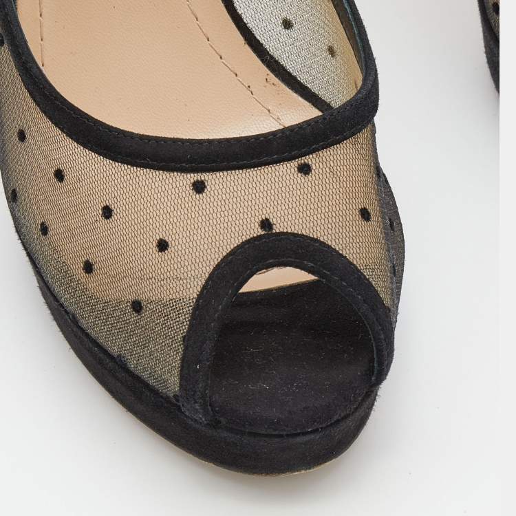 Pre Owned Dior Black Suede And Dotted Mesh Doll Peep Toe Platform Pumps Size 37