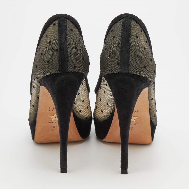 Pre Owned Dior Black Suede And Dotted Mesh Doll Peep Toe Platform Pumps Size 37