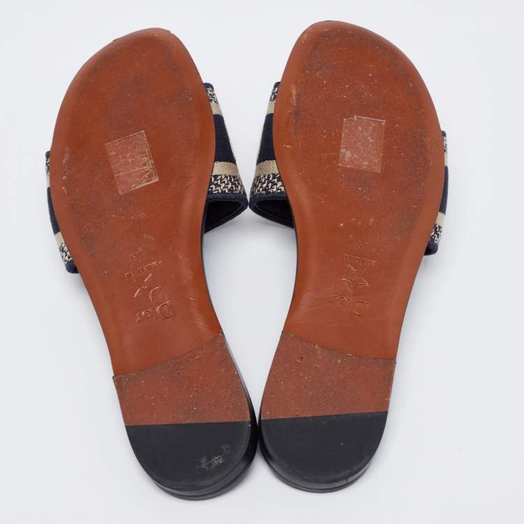 Pre Owned Dior Navy Blue/White Canvas And Leather  Dway Flat Sandals Size 38 