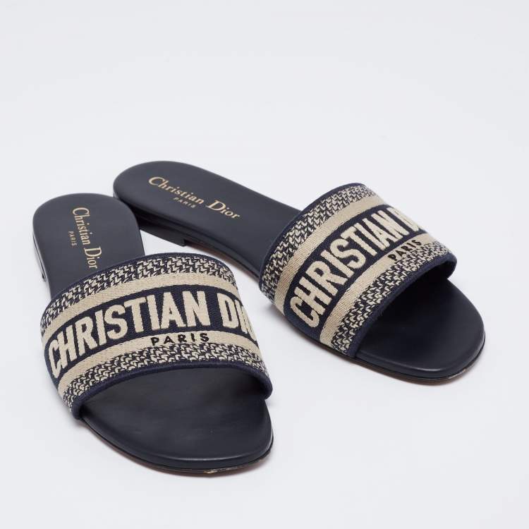 Pre Owned Dior Navy Blue/White Canvas And Leather  Dway Flat Sandals Size 38 