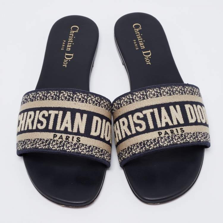 Pre Owned Dior Navy Blue/White Canvas And Leather  Dway Flat Sandals Size 38 