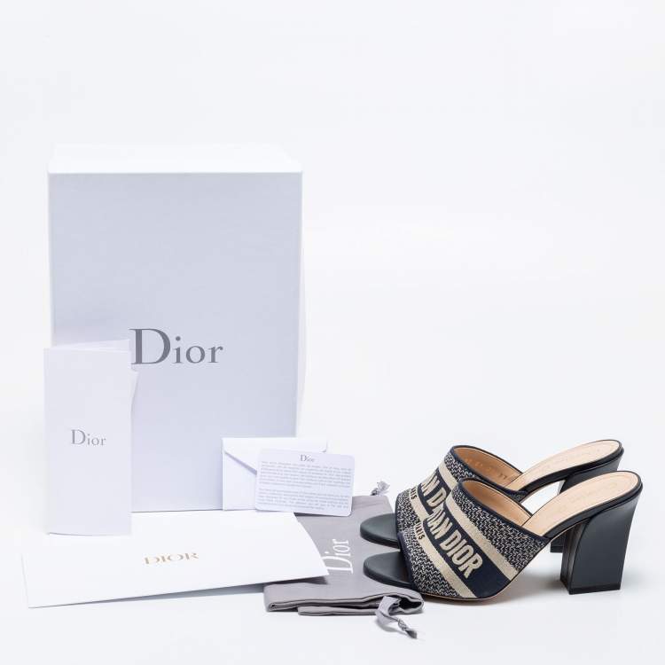 Pre Owned Dior Navy Blue/White Canvas And Leather Embroidered Dway Sandals  Size 37