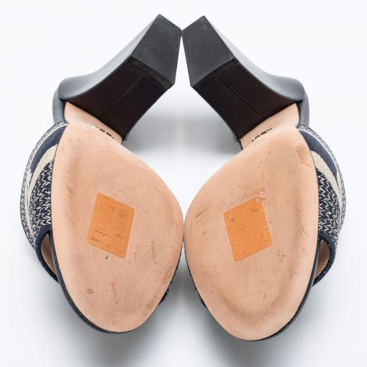 Pre Owned Dior Navy Blue/White Canvas And Leather Embroidered Dway Sandals  Size 37
