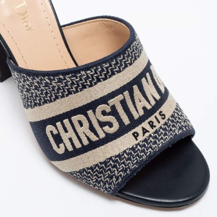 Pre Owned Dior Navy Blue/White Canvas And Leather Embroidered Dway Sandals  Size 37