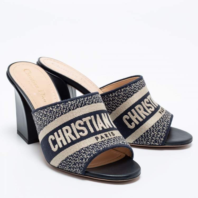 Pre Owned Dior Navy Blue/White Canvas And Leather Embroidered Dway Sandals  Size 37