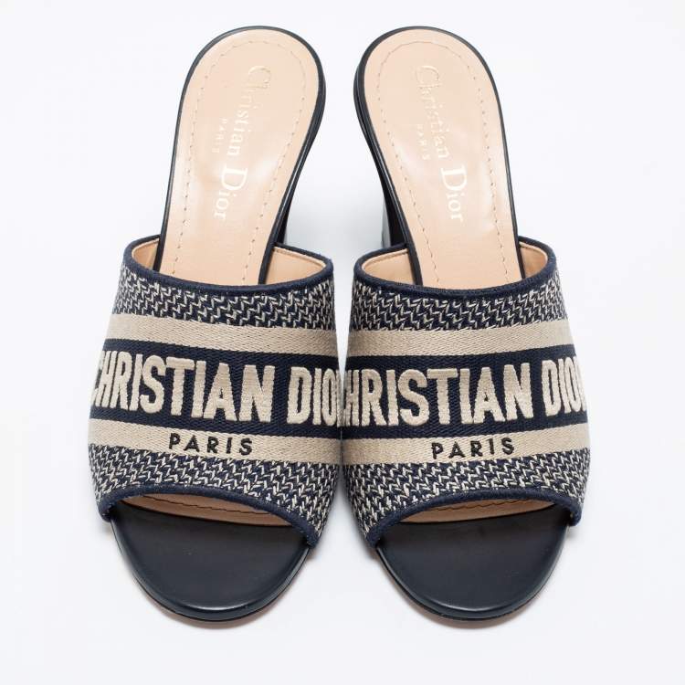Pre Owned Dior Navy Blue/White Canvas And Leather Embroidered Dway Sandals  Size 37