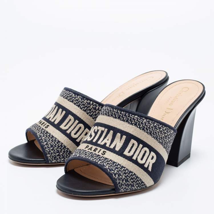 Pre Owned Dior Navy Blue/White Canvas And Leather Embroidered Dway Sandals  Size 37