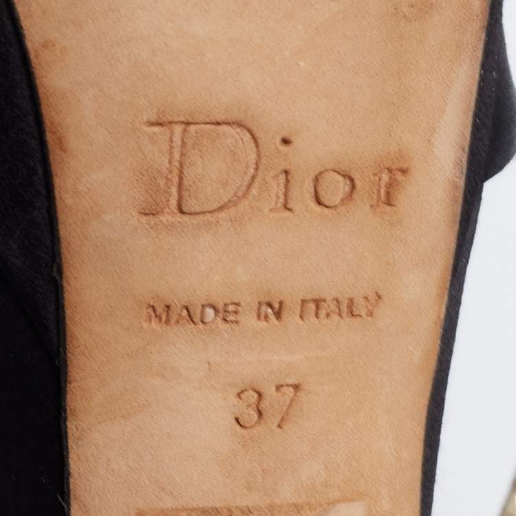Pre Owned Dior Black Satin Crystal Embellished Cannage Heel Ankle-Strap Platform Sandals Size 37