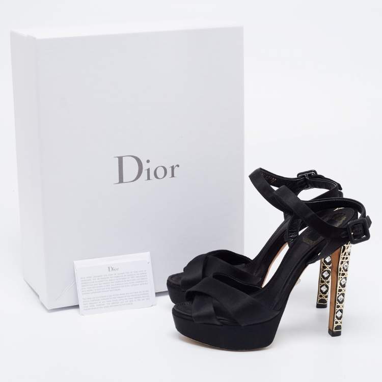 Pre Owned Dior Black Satin Crystal Embellished Cannage Heel Ankle-Strap Platform Sandals Size 37