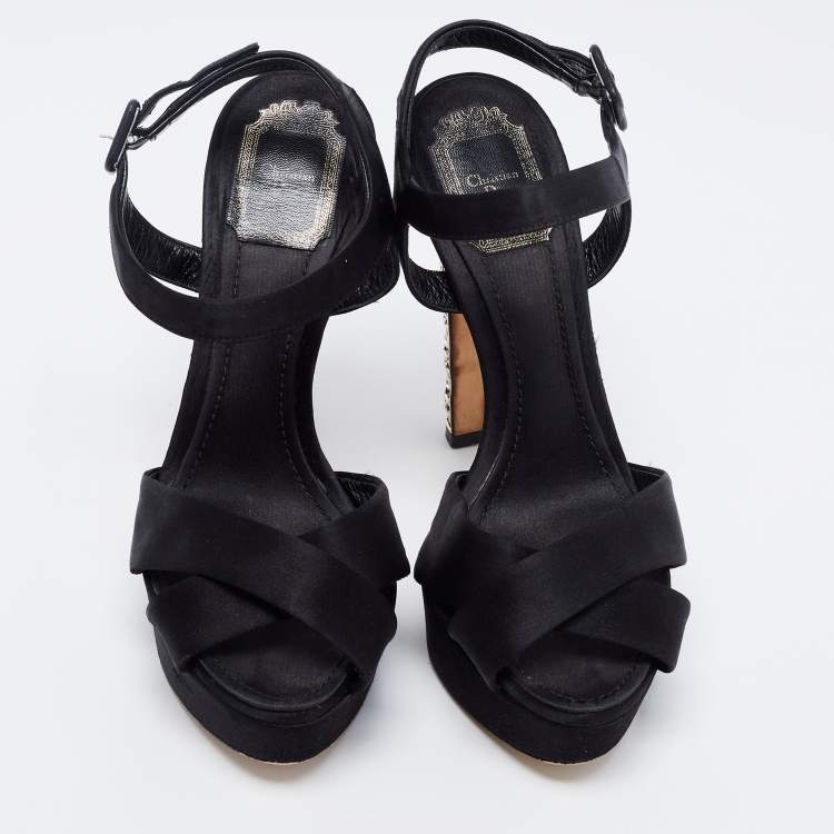 Pre Owned Dior Black Satin Crystal Embellished Cannage Heel Ankle-Strap Platform Sandals Size 37