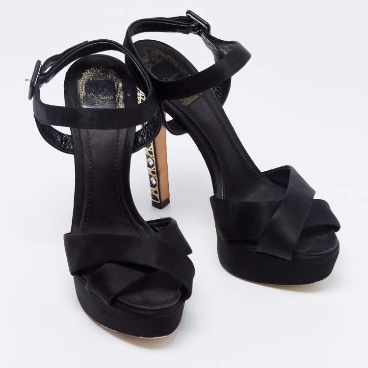 Pre Owned Dior Black Satin Crystal Embellished Cannage Heel Ankle-Strap Platform Sandals Size 37