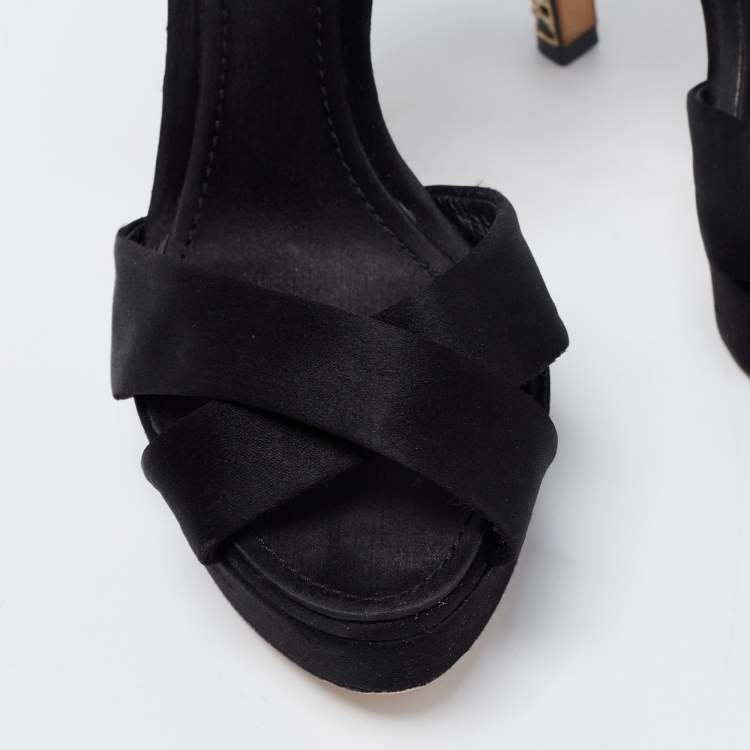 Pre Owned Dior Black Satin Crystal Embellished Cannage Heel Ankle-Strap Platform Sandals Size 37