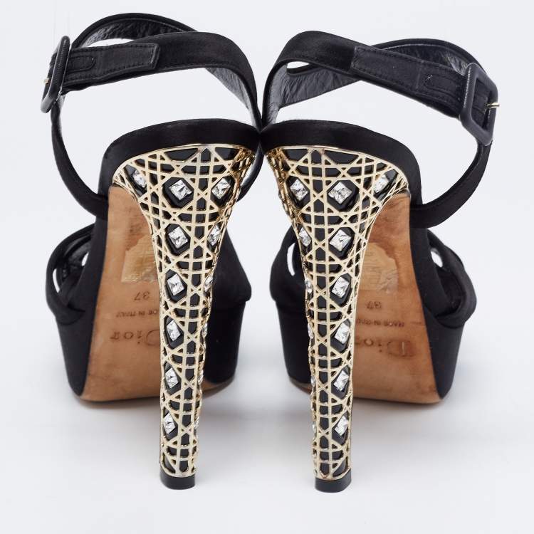 Pre Owned Dior Black Satin Crystal Embellished Cannage Heel Ankle-Strap Platform Sandals Size 37