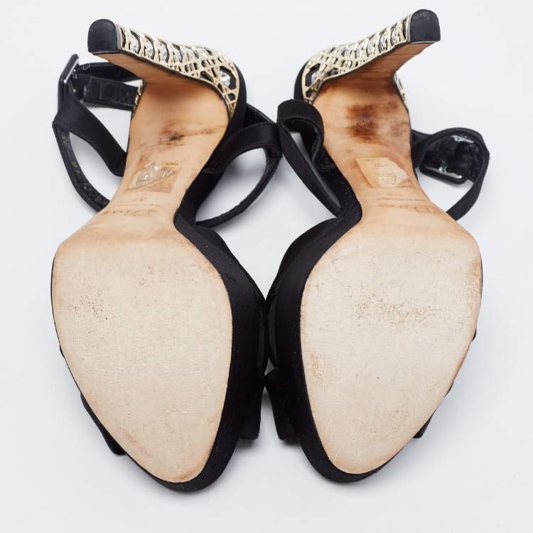 Pre Owned Dior Black Satin Crystal Embellished Cannage Heel Ankle-Strap Platform Sandals Size 37