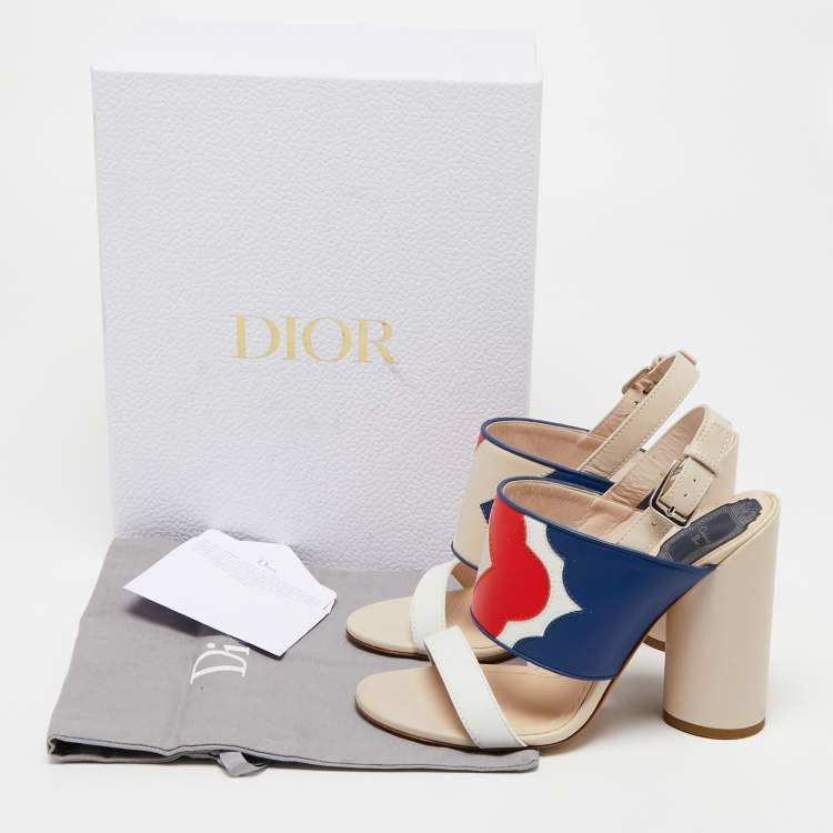 Pre Owned Dior Cream/Blue Leather Ankle Strap Block Heel Sandals Size 37