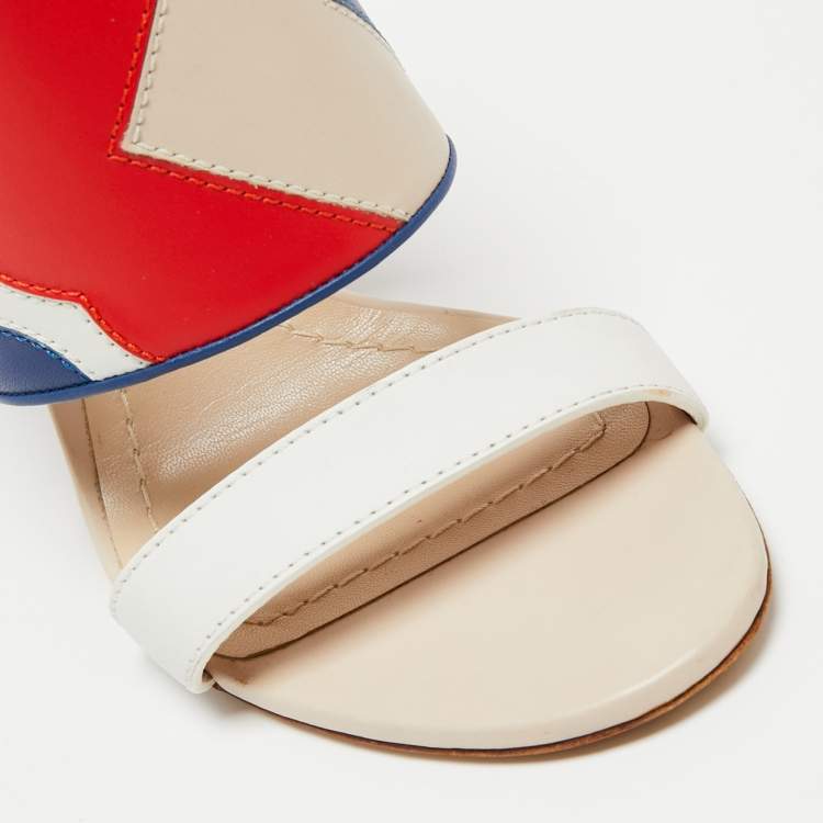 Pre Owned Dior Cream/Blue Leather Ankle Strap Block Heel Sandals Size 37