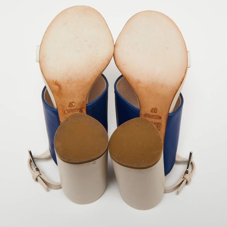 Pre Owned Dior Cream/Blue Leather Ankle Strap Block Heel Sandals Size 37
