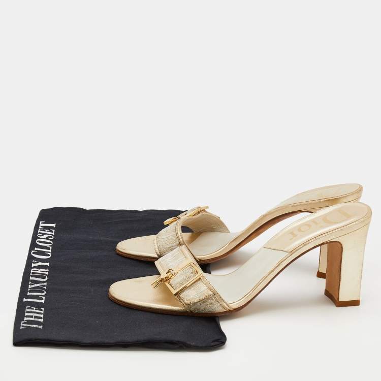 Pre Owned Dior Gold Brocaded Fabric Slide Sandals Size 36.5