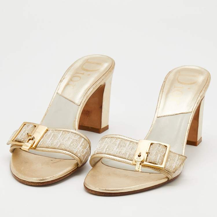 Pre Owned Dior Gold Brocaded Fabric Slide Sandals Size 36.5