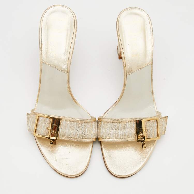 Pre Owned Dior Gold Brocaded Fabric Slide Sandals Size 36.5
