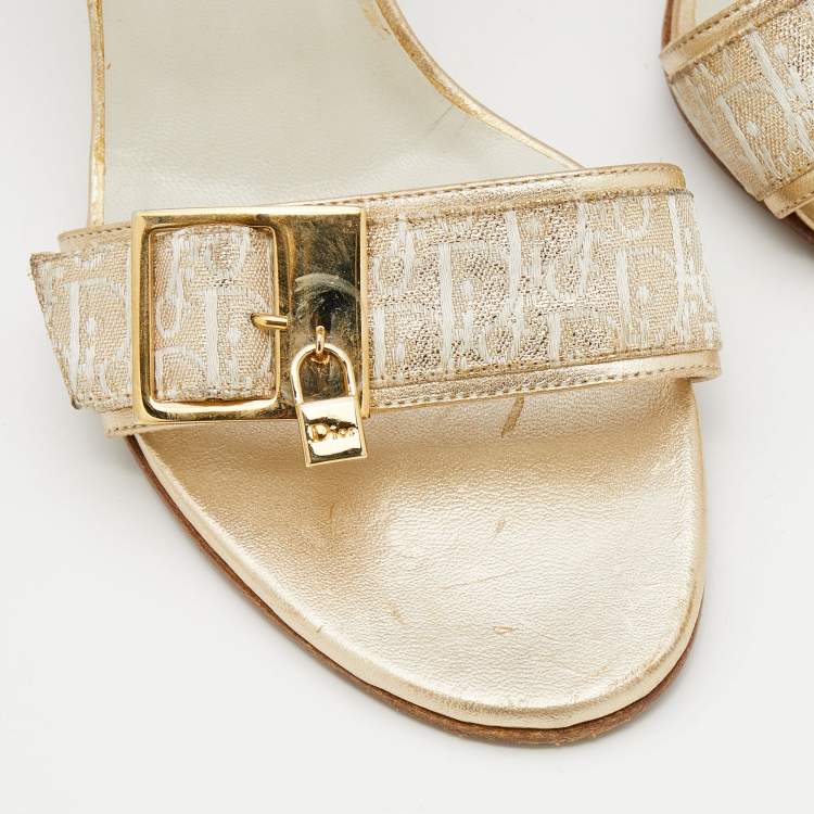 Pre Owned Dior Gold Brocaded Fabric Slide Sandals Size 36.5
