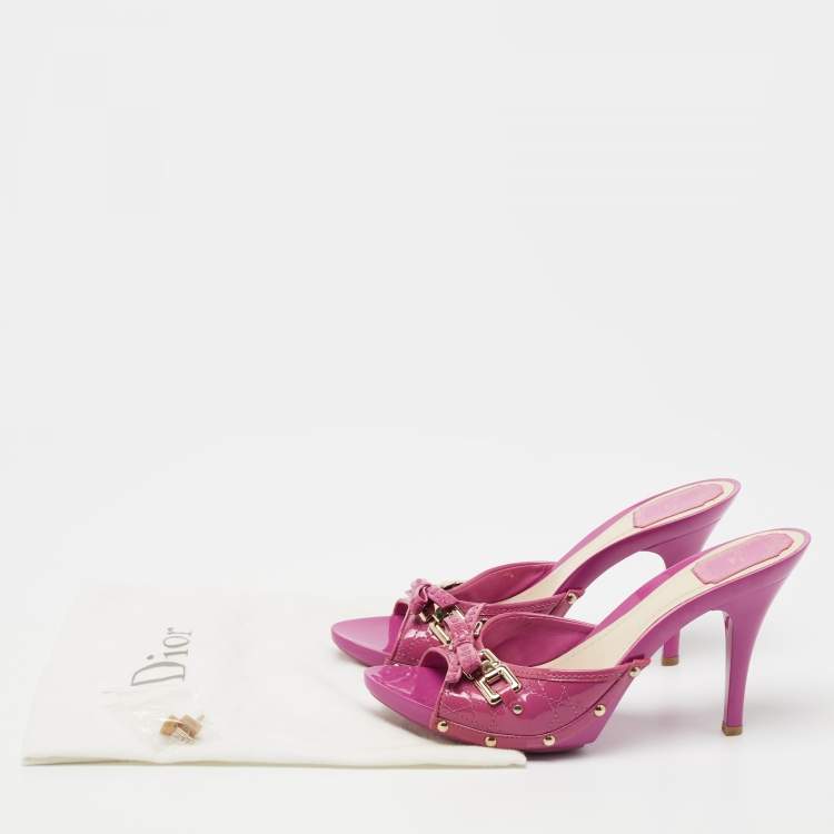 Pre Owned Dior Pink Cannage Patent Leather Bow Slide Sandals Size 40 