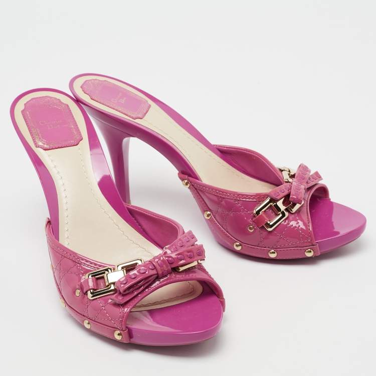 Pre Owned Dior Pink Cannage Patent Leather Bow Slide Sandals Size 40 