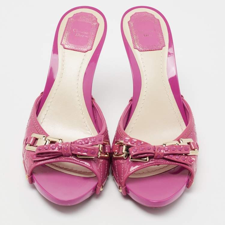 Pre Owned Dior Pink Cannage Patent Leather Bow Slide Sandals Size 40 