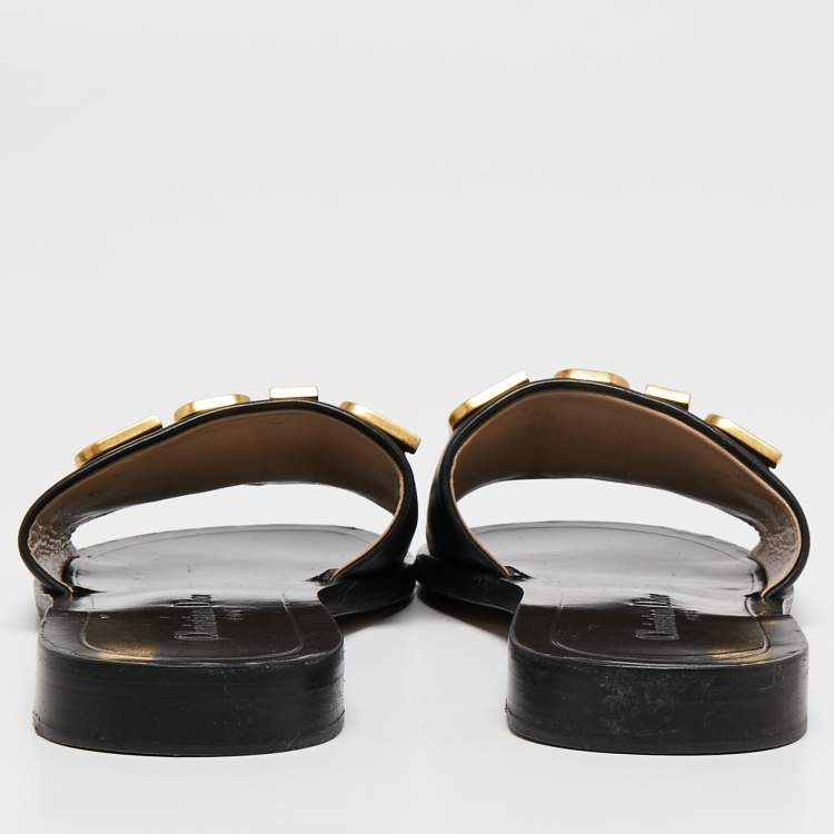 Pre Owned Dior Black Leather Diorevolution Flat Slides Size 37