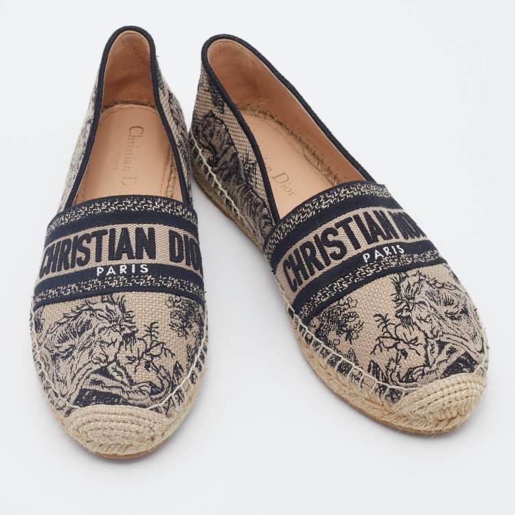 Pre Owned Dior Beige/Black Oblique Embroidered Canvas Granville Espadrille Flats Size 38