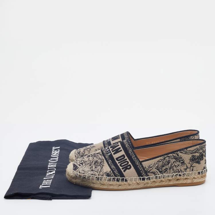 Pre Owned Dior Beige/Black Oblique Embroidered Canvas Granville Espadrille Flats Size 38