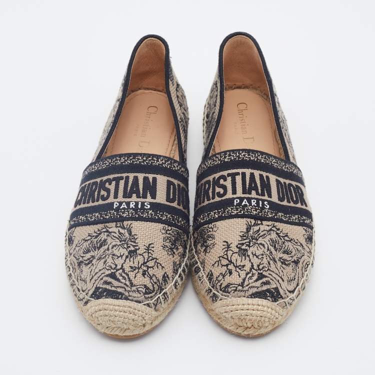 Pre Owned Dior Beige/Black Oblique Embroidered Canvas Granville Espadrille Flats Size 38