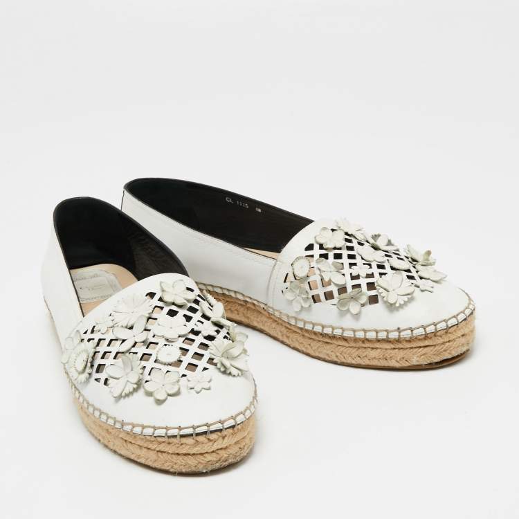 Pre Owned Dior White Laser Cut Leather Flower Applique Flore Flat Espadrilles Size 40