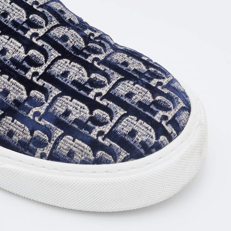 Pre Owned Dior Navy Blue Oblique Velvet Fabric Solar Slip On Sneakers Size 40