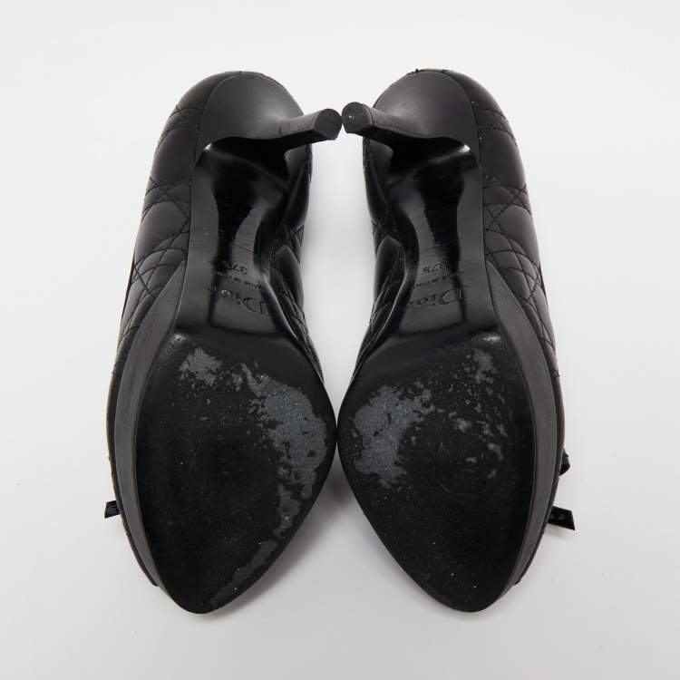 Pre Owned Dior Black Cannage Leather Bow Peep Toe Platform Pumps Size 37.5
