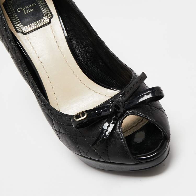 Pre Owned Dior Black Cannage Leather Bow Peep Toe Platform Pumps Size 37.5