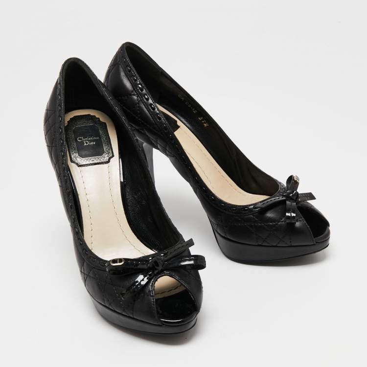 Pre Owned Dior Black Cannage Leather Bow Peep Toe Platform Pumps Size 37.5