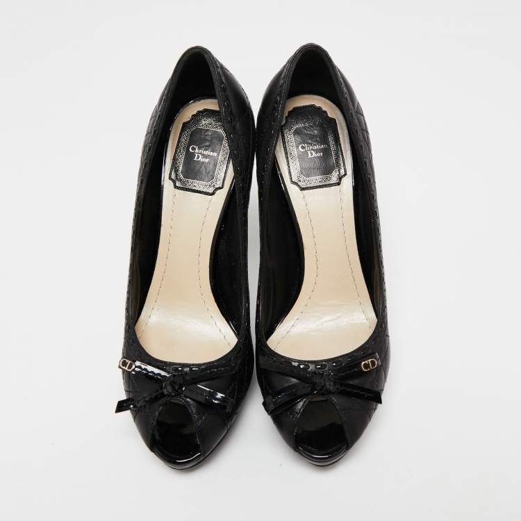Pre Owned Dior Black Cannage Leather Bow Peep Toe Platform Pumps Size 37.5