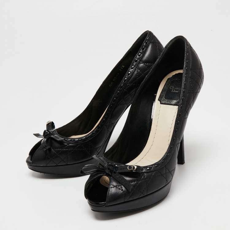 Pre Owned Dior Black Cannage Leather Bow Peep Toe Platform Pumps Size 37.5