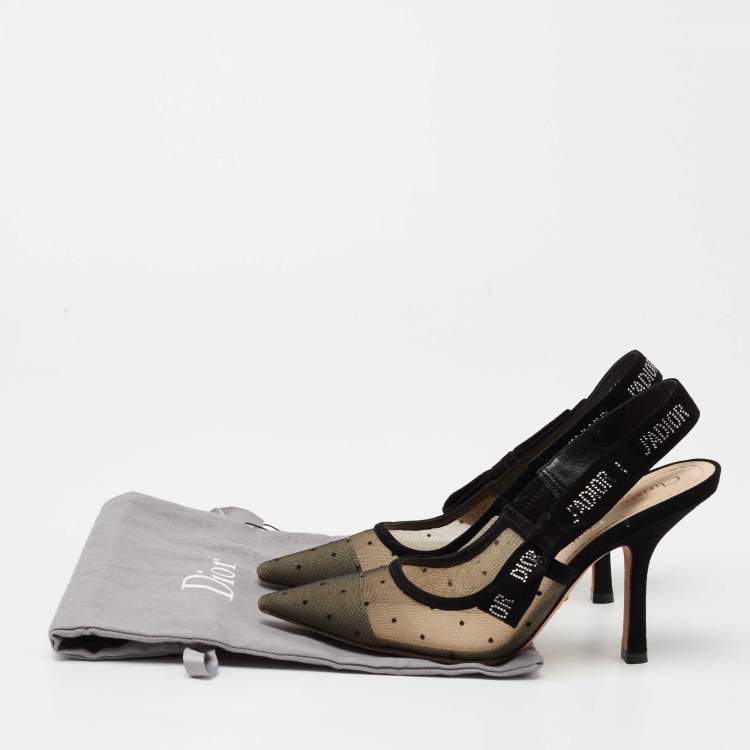 Pre Owned Dior Black Plumetis Mesh and Studded Suede J'adior Slingback Pumps Size 36.5
