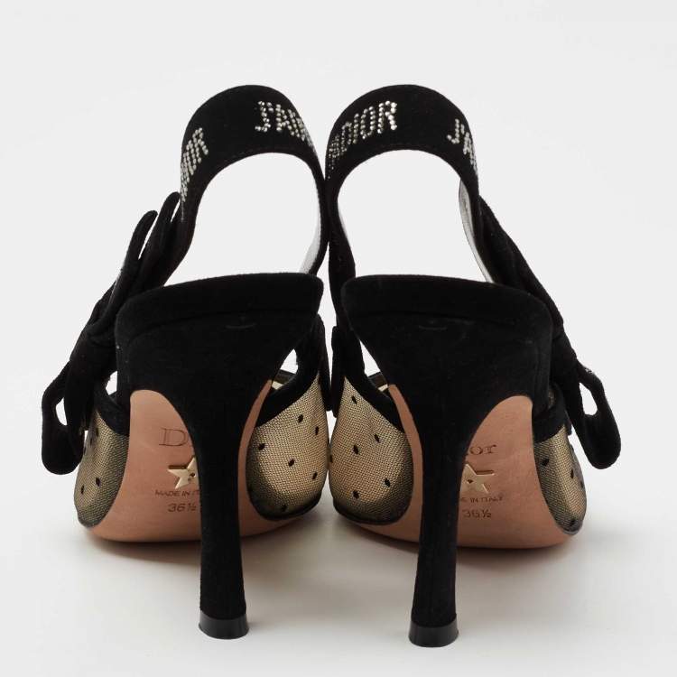 Pre Owned Dior Black Plumetis Mesh and Studded Suede J'adior Slingback Pumps Size 36.5