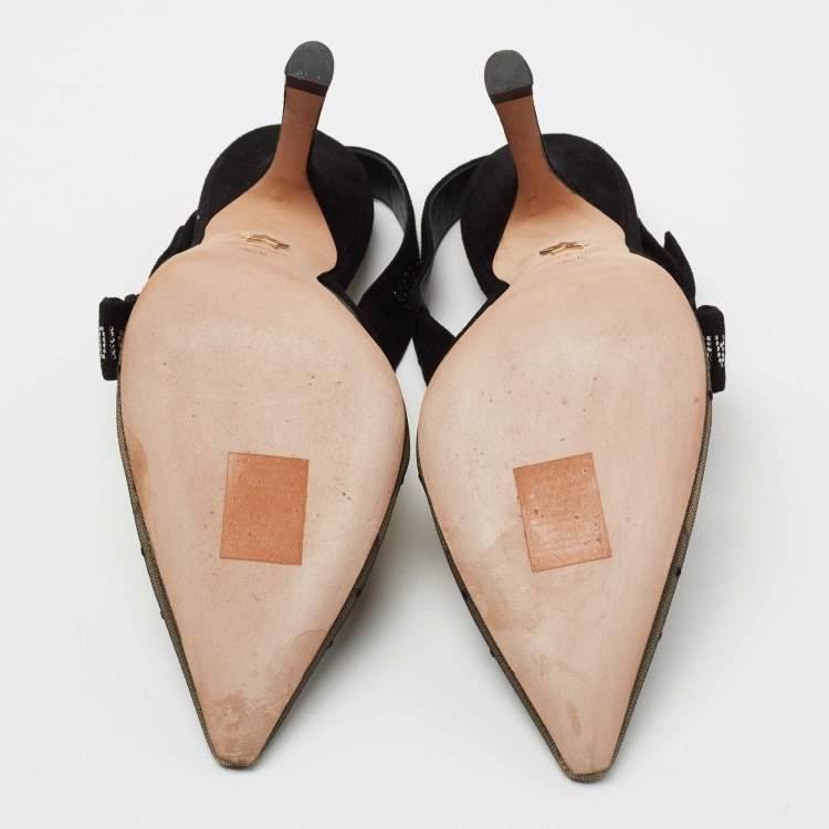 Pre Owned Dior Black Plumetis Mesh and Studded Suede J'adior Slingback Pumps Size 36.5