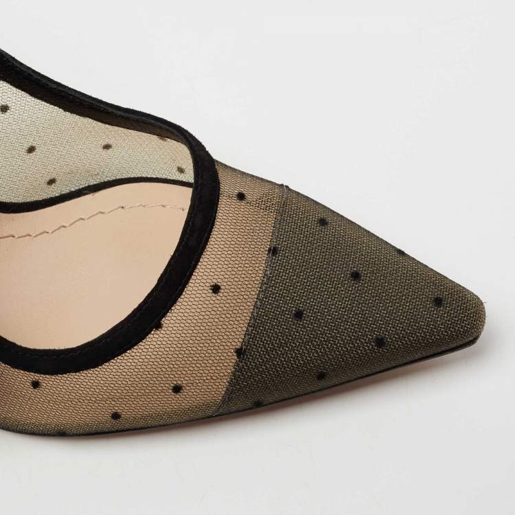Pre Owned Dior Black Plumetis Mesh and Studded Suede J'adior Slingback Pumps Size 36.5