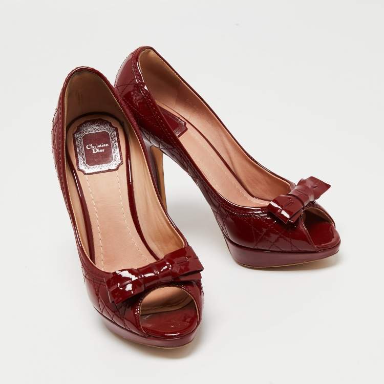Pre Owned Dior Deep Red Cannage Patent Leather Bow Peep Toe Platform Pumps Size 36.5