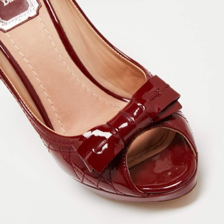 Pre Owned Dior Deep Red Cannage Patent Leather Bow Peep Toe Platform Pumps Size 36.5