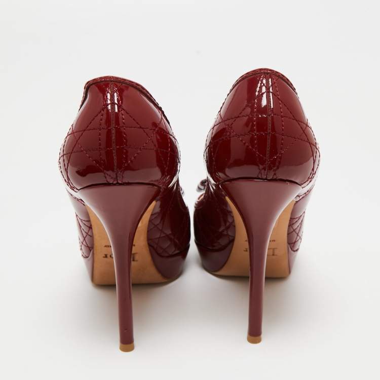 Pre Owned Dior Deep Red Cannage Patent Leather Bow Peep Toe Platform Pumps Size 36.5